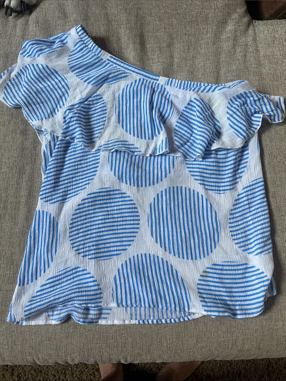 Blue large Polka Stripe One-Shoulder Women’s Top size small